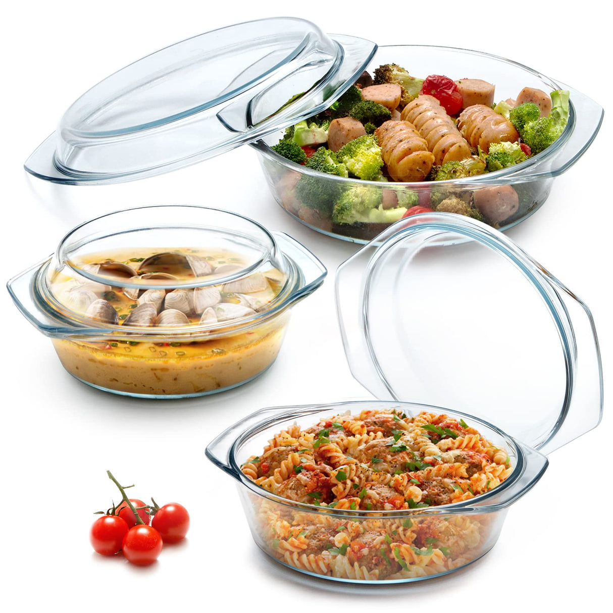 NUTRIUPS Round Glass Casserole Dish Set, Glass Casseroles Cookware with Glass Lid, Glass Casserole Dish With Lid(Set of 3-1L+1.4L+1.7L) NUTRIUPS