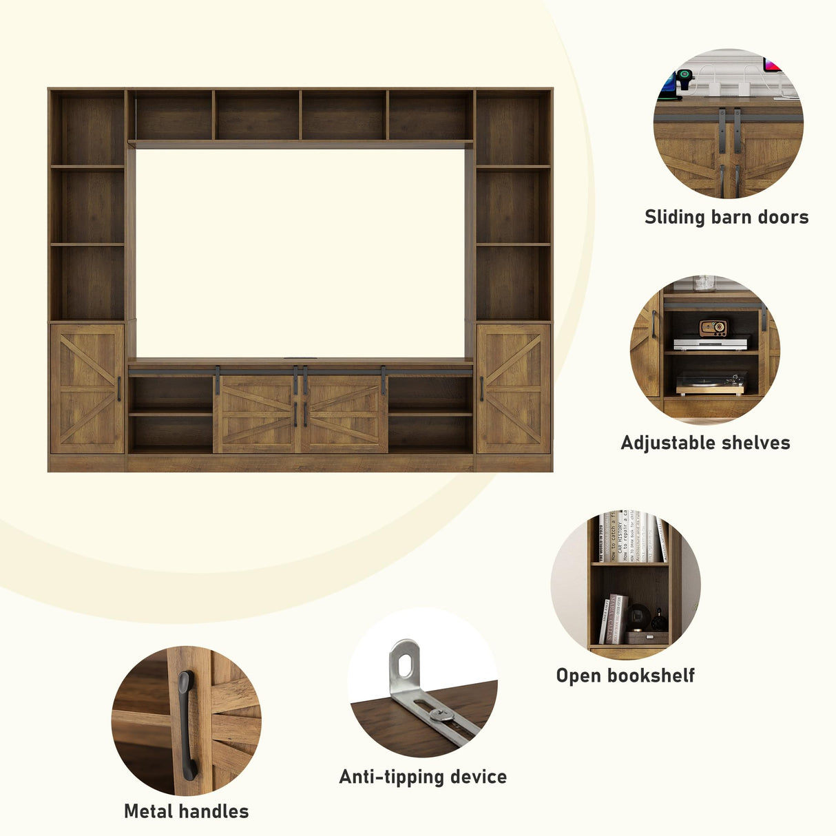 chartustriable 103" Wall Unit TV Stand with Storage for TVs up to 80" Large Farmhouse Wall Unit Entertainment Center w/Sliding Barn Door Cabinets and Power Outlet for Living Room, Rustic Brown chartustriable