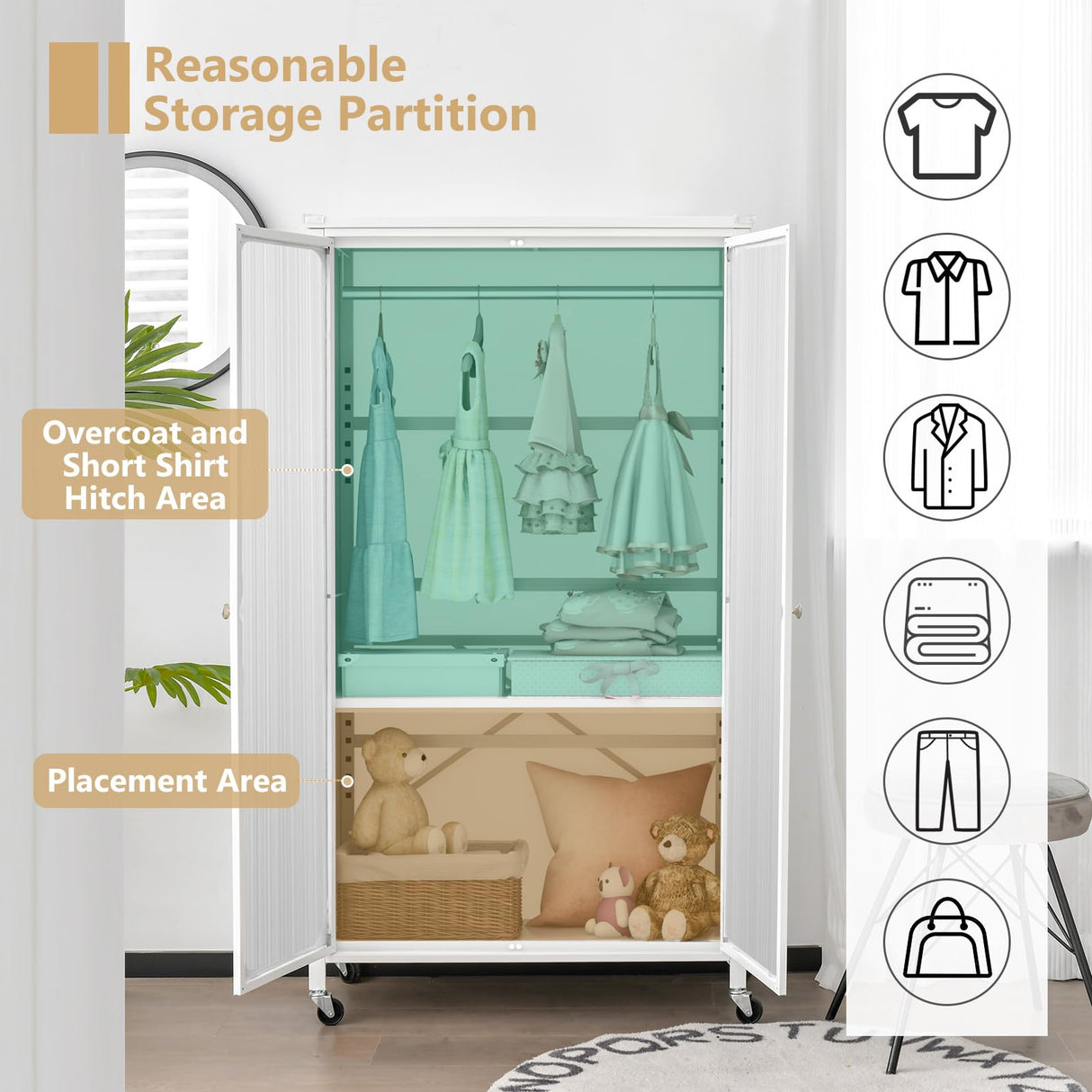 Giantex Closet Wardrobe, Portable Closet with Rollers, Mobile Metal Armoire Closet with Hanging Rod, Adjustable Shelf, Rolling Closet Storage Accent Cabinet, Armoire Clothes Organizer for Bedroom Giantex