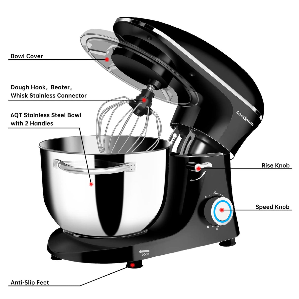 Seedeem Stand Mixer, 6Qt Electric Food Mixer, 660W 6-Speeds Tilt-Head Dough Mixers with Dishwasher-Safe Dough Hook, Wire Whip & Beater for Daily Use, Black SEEDEEM