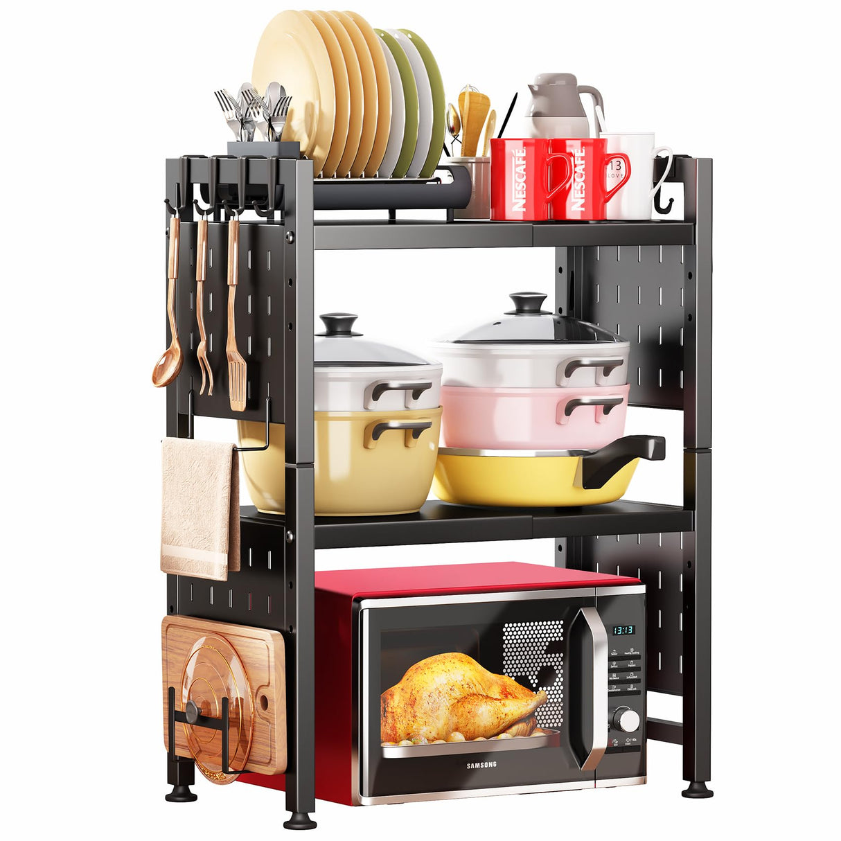 Adjustable Microwave Stand,Microwave Oven Rack Shelf Heavy Duty 3-Tier Shelf with 9 Hooks for Kitchen Shelves Counter Top Organizer, Holds 180lbs Bakers Racks for Kitchens,with Cutting Boards Stand Kitstorack