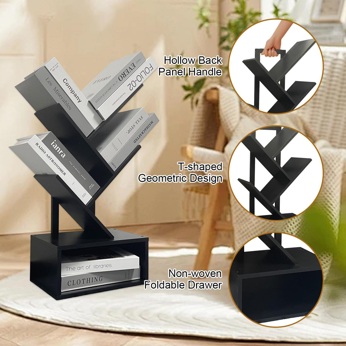 Bamboo 4 Tree Bookshelf Small Bookcase Free Standing Wood Bookcase for Narrow Space Modern Book Storage Rack for Books/Movies/CDs Narrow Display Rack for Living Room Home Office (Black, 4-Tier) Sholramo