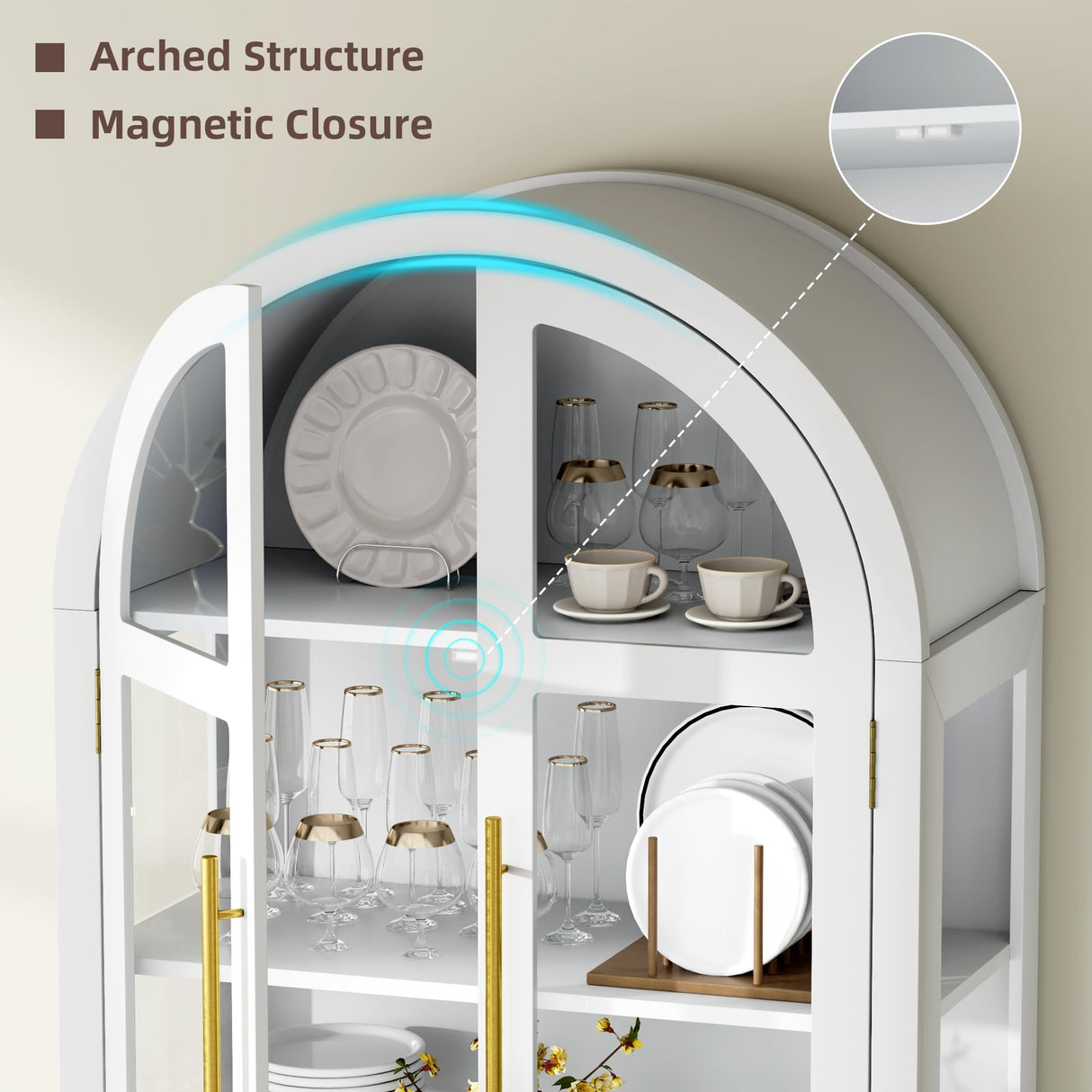 Vlsrka 71 Inch Arched Curio Cabinet, 4-Tier Display Cabinet and 2 Drawers, Tall Bookcase with 3 Color Lights, Display Case with Glass Doors, Kitchen Pantry, White Vlsrka