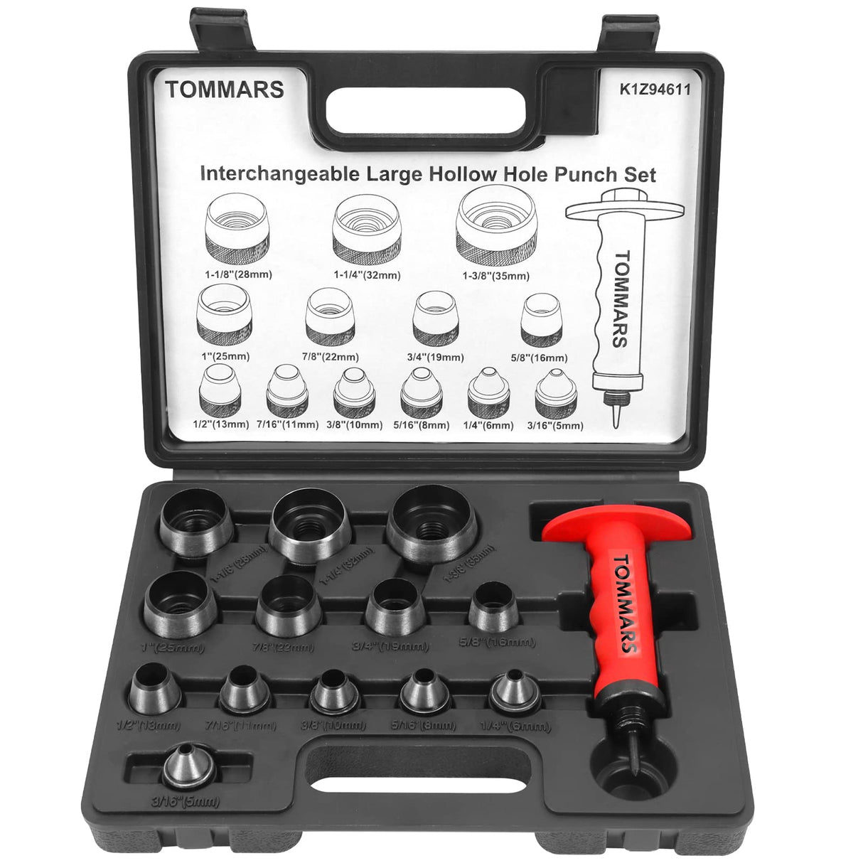 TOMMARS Hollow Punch Kit with Pin Point Punch Shaft Hole Cutter Set Gasket Punch Tools Gasket Cutter 14 PCS 5mm-35mm 3/16" to 1-3/8" TOMMARS