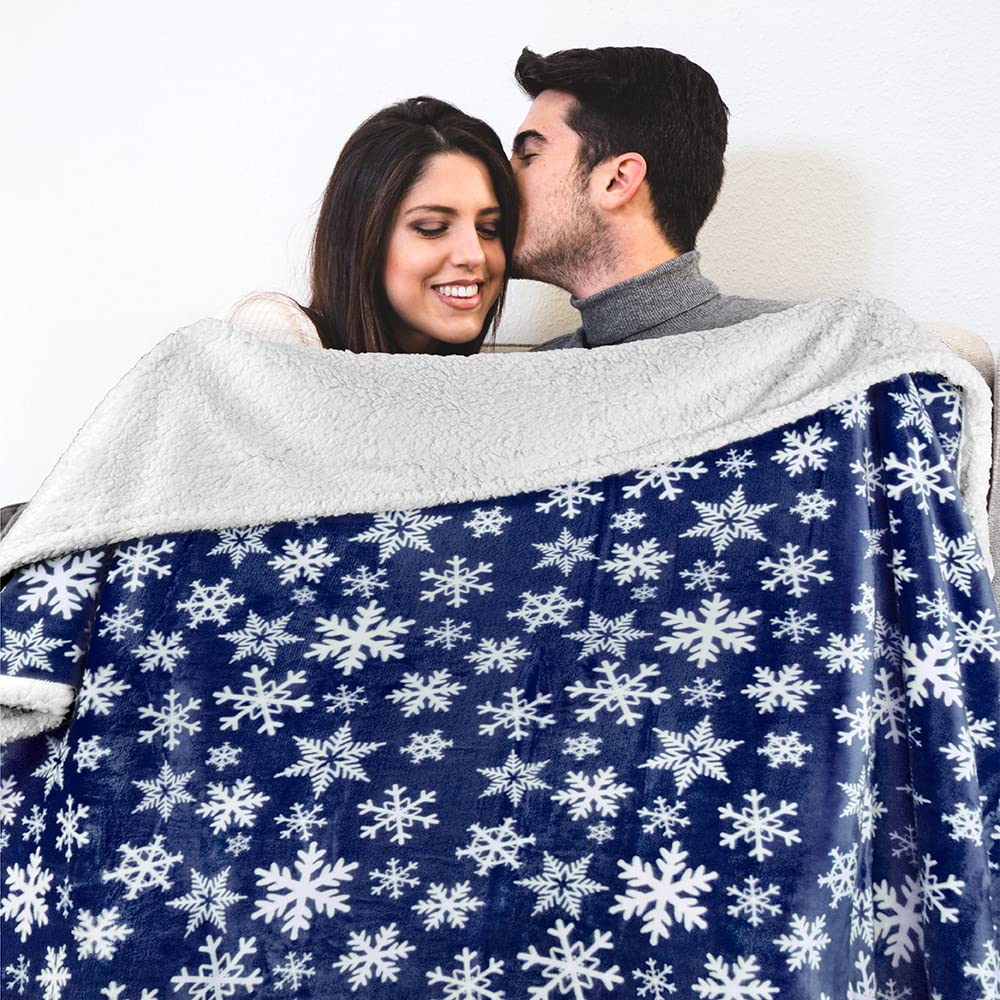 PAVILIA Premium Christmas Sherpa Throw Blanket | Blue Snowflake Decoration, Fleece, Plush, Warm, Cozy Reversible Microfiber Holiday Blanket 50 x 60 Inches PAVILIA