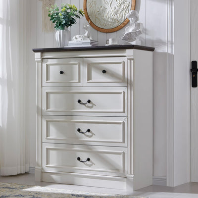 Aitjunz Farmhouse 5 Drawers Dresser for Bedroom, 46" Tall Dressers & Chests of Drawers w/Roman Column, Large Storage Dressers Organizer for Bedroom, Hallway, Living Room, White