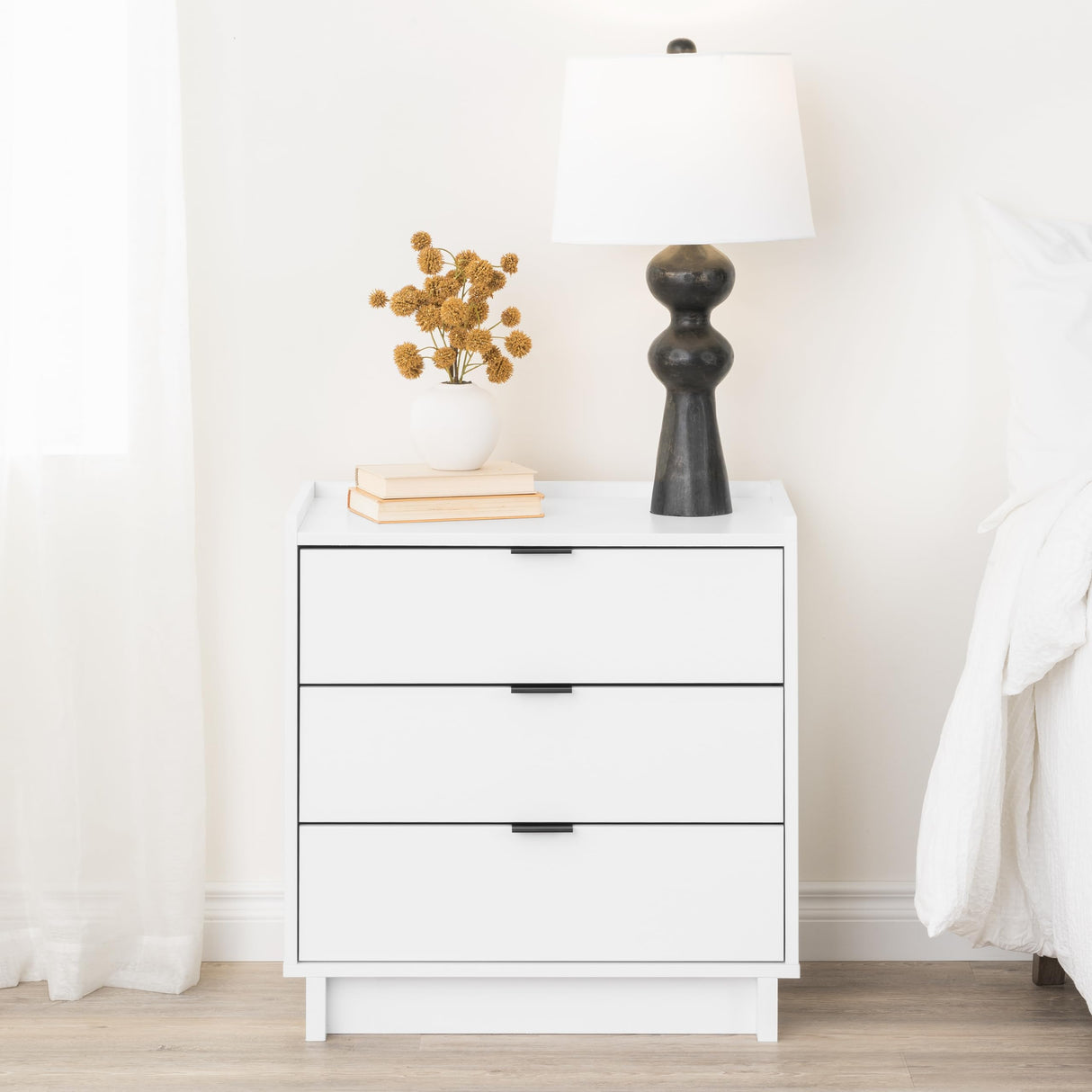 Prepac Simply Modern Nightstand Bedside Table, White Nightstand for Bedroom, End Table with 3 Drawers 26.5" W x 26.75" H x 16" D Prepac