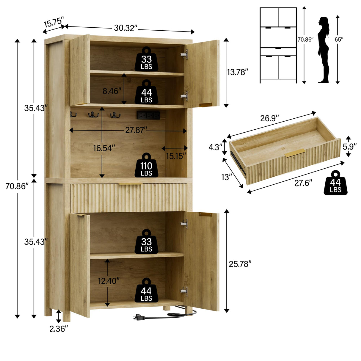Lulive 71" Fluted Pantry Cabinet with Charging Station & Adjustable Shelves, Spacious Kitchen Storage Cabinet with Open Countertop & Drawer for Dining Room, Living Room, Natrual Lulive