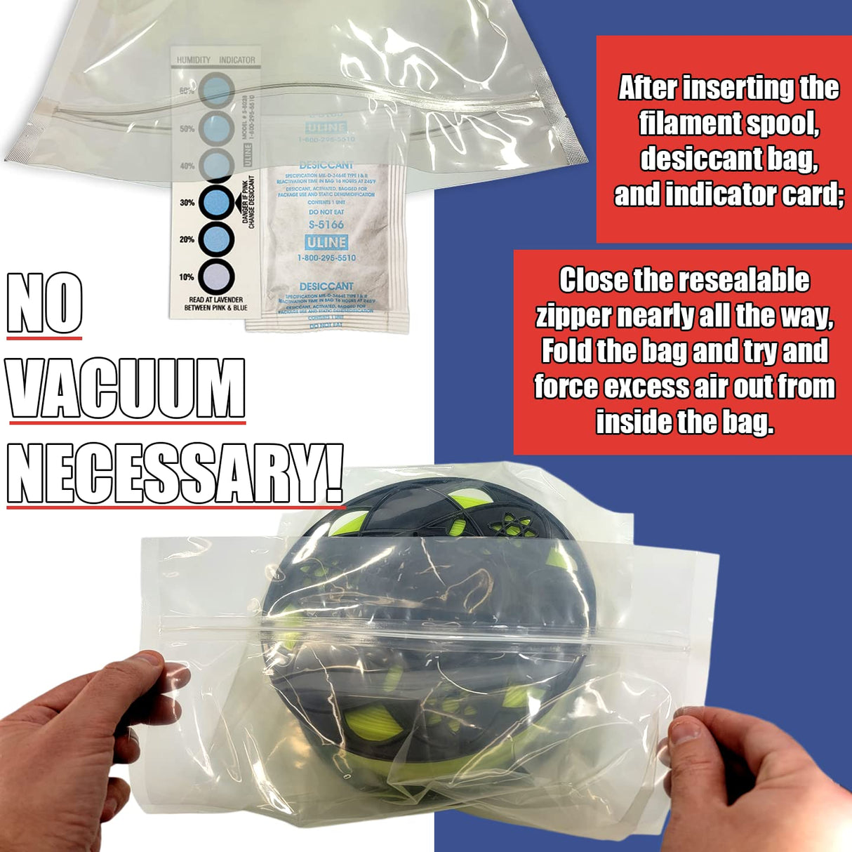 3D Printer Filament Storage Bags (Pack of 5): 5 Resealable 5 Mil Nylon/Plastic, 5 Large Oversize Rechargeable Clay Desiccant Drying Packs, 5 Humidity Indicator Cards by NetSellsIt NetSellsIt