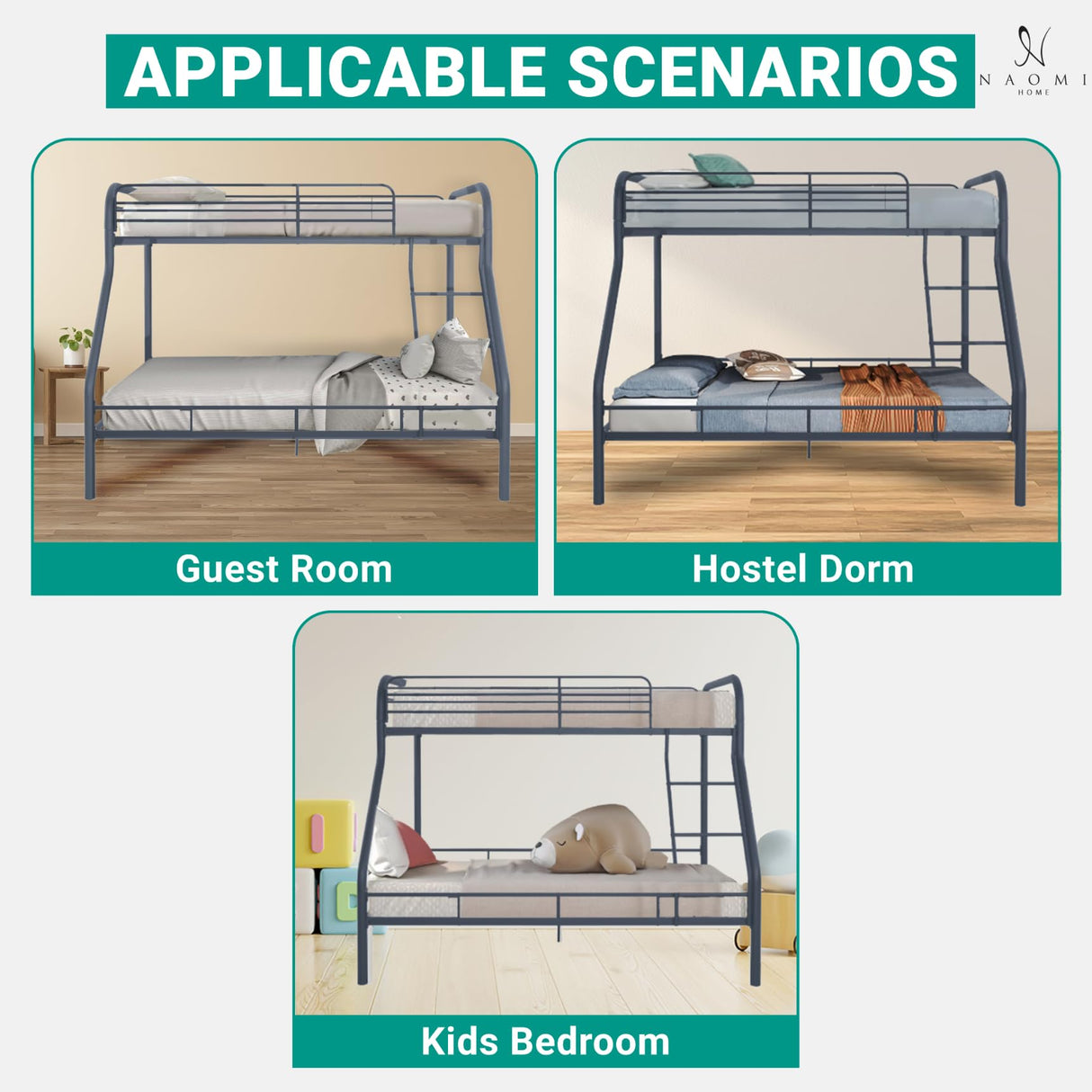 Hollywood Bunk Beds Twin Over Full Size, Heavy Duty Metal Bunk Bed with Safety Guardrails, Angled Ladder, Underbed Storage, 800LBs capacity - for Kids and Teens, Twin over Full Bunk Bed, Gray Naomi Home