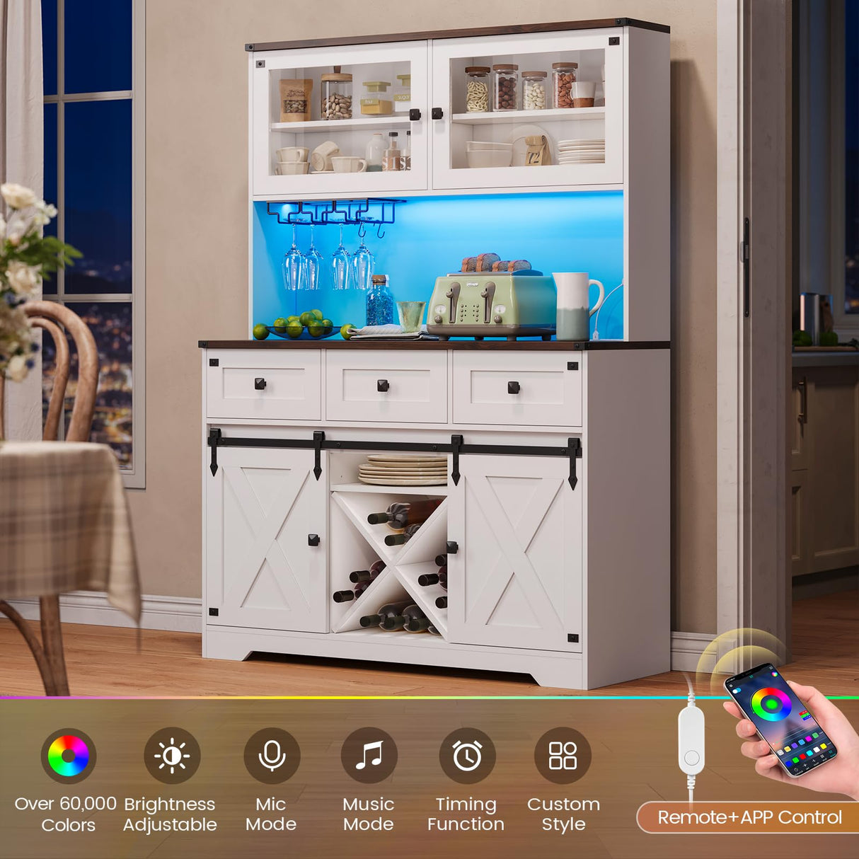 DICTAC Farmhouse Buffet Cabinet with Storage Coffee Bar Station Cabinet with Power Outlet and LED Light, Tall Bar Cabinets with Sliding Barn Door and Wine Glass Rack for Kitchen, Living Room,White DICTAC