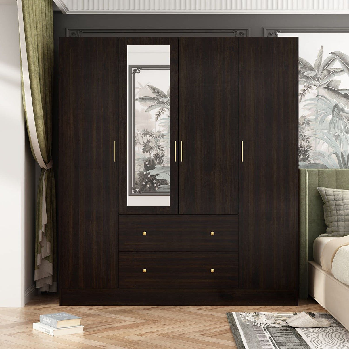 FAMAPY 4-Door Wardrobe Closet with Mirror Armoires and Wardrobes, Drawers and Shelves, Armoire Wardrobe Closet with Hanging Rod, Armoire Closet Espresso (63”W x 19.7”D x 70.9”H) FAMAPY