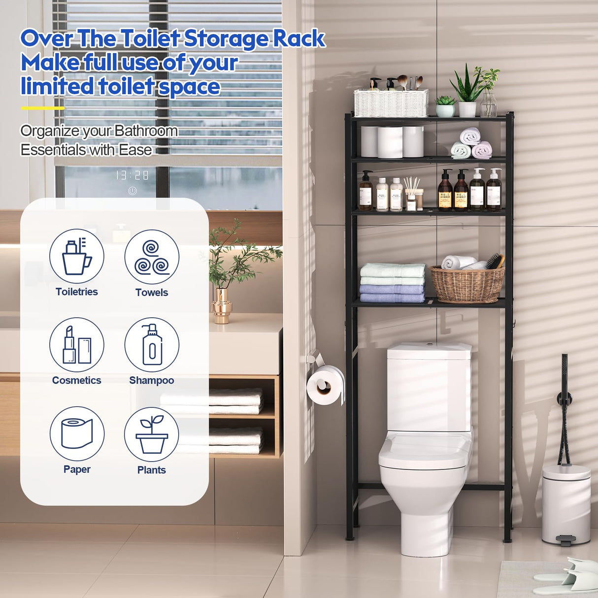 samstar 4 Tier Over The Toilet Storage Rack, Bathroom Organizer Shelves Cabinet Above Toilet, with Adjustable Height Freestanding Shelf Space Saver, Black samstar