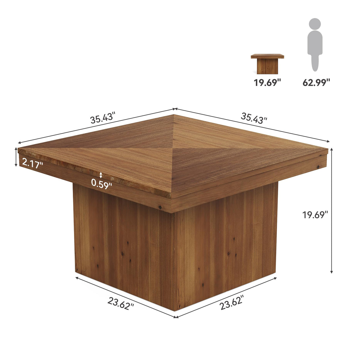 TRIBEWOOD Wood Coffee Table for Living Room, 35.43" Mid Century Modern Square Center Cocktail Table, Farmhouse Accent Tea Cocktail Furniture for Small Space, Office, Rustic Brown TRIBEWOOD