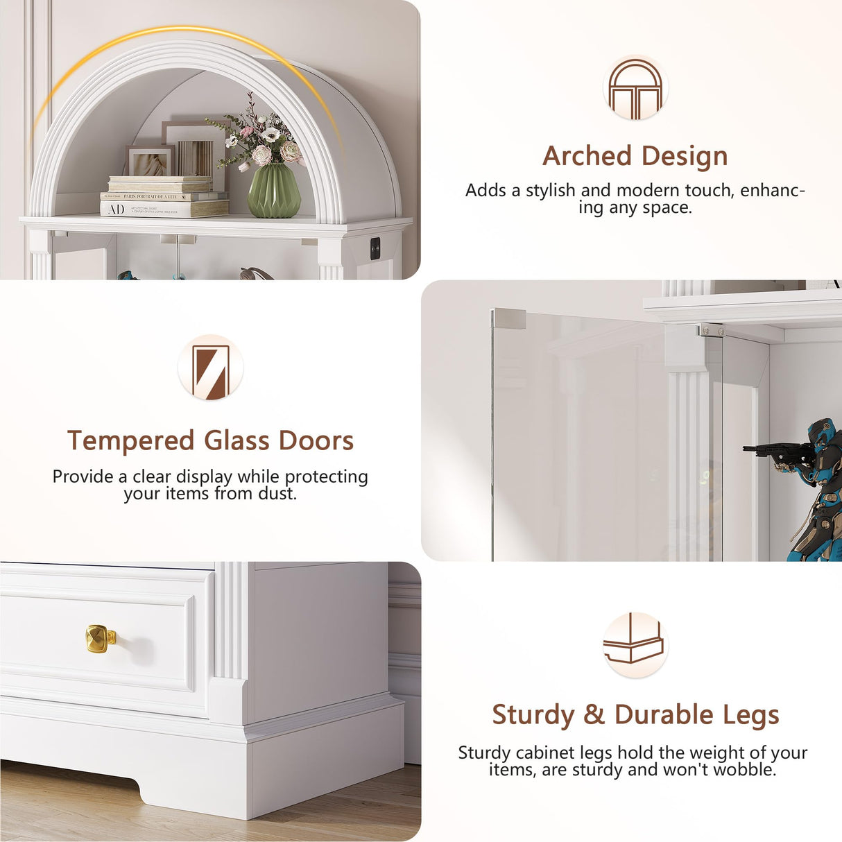 Arched Display Cabinet with Glass Doors, 72" Tall Curio Cabinet with Human Sensor Lights, 4-Tier Display Case for Collectibles Bookcase Living Room Dystler