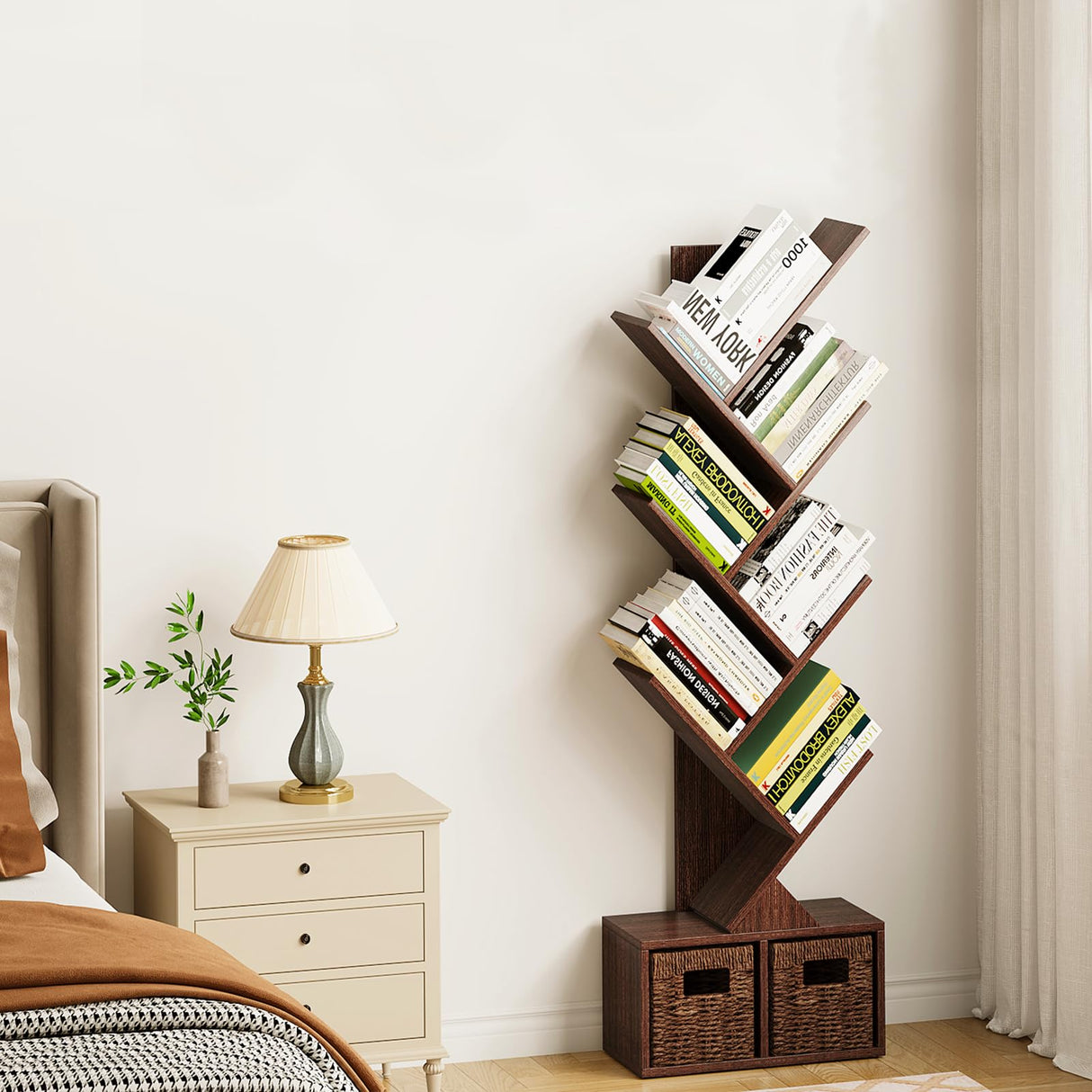 Vagusicc Tree Bookshelf, 6 Tier Bookshelf with Storage, Tall Narrow Bookcase, Rustic Wood Book Storage Rack for CDs/Books, Small Book Organizer Shelves for Bedroom Living Room, Home Office, Brown Vagusicc