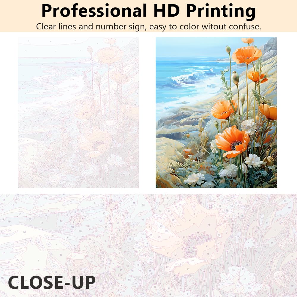 TUMOVO Paint by Numbers for Adults Beginner Flowers Paint Number Kits - Poppies and Daisies, Sea View - DIY Oil Painting Kits - Gift for Kids, 16 x20 Inch TUMOVO