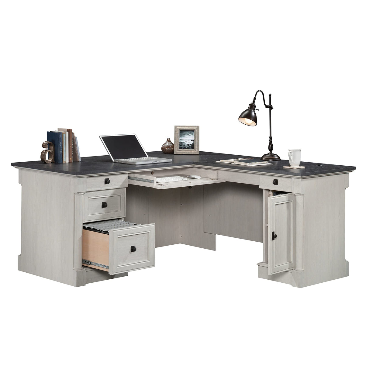 Sauder Palladia L-Shaped Home Office Desk, L: 68.74" x W: 65.12" x H: 29.61", Glacier Oak Finish Sauder