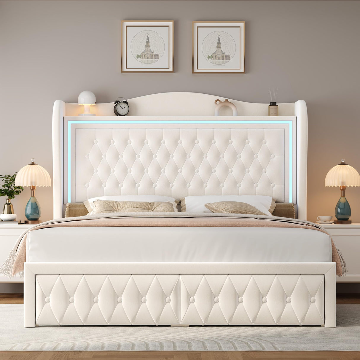 Keyluv 55" Tall Velvet Upholstered King Bed Frame with LED Lights and 2 Storage Drawers Keyluv