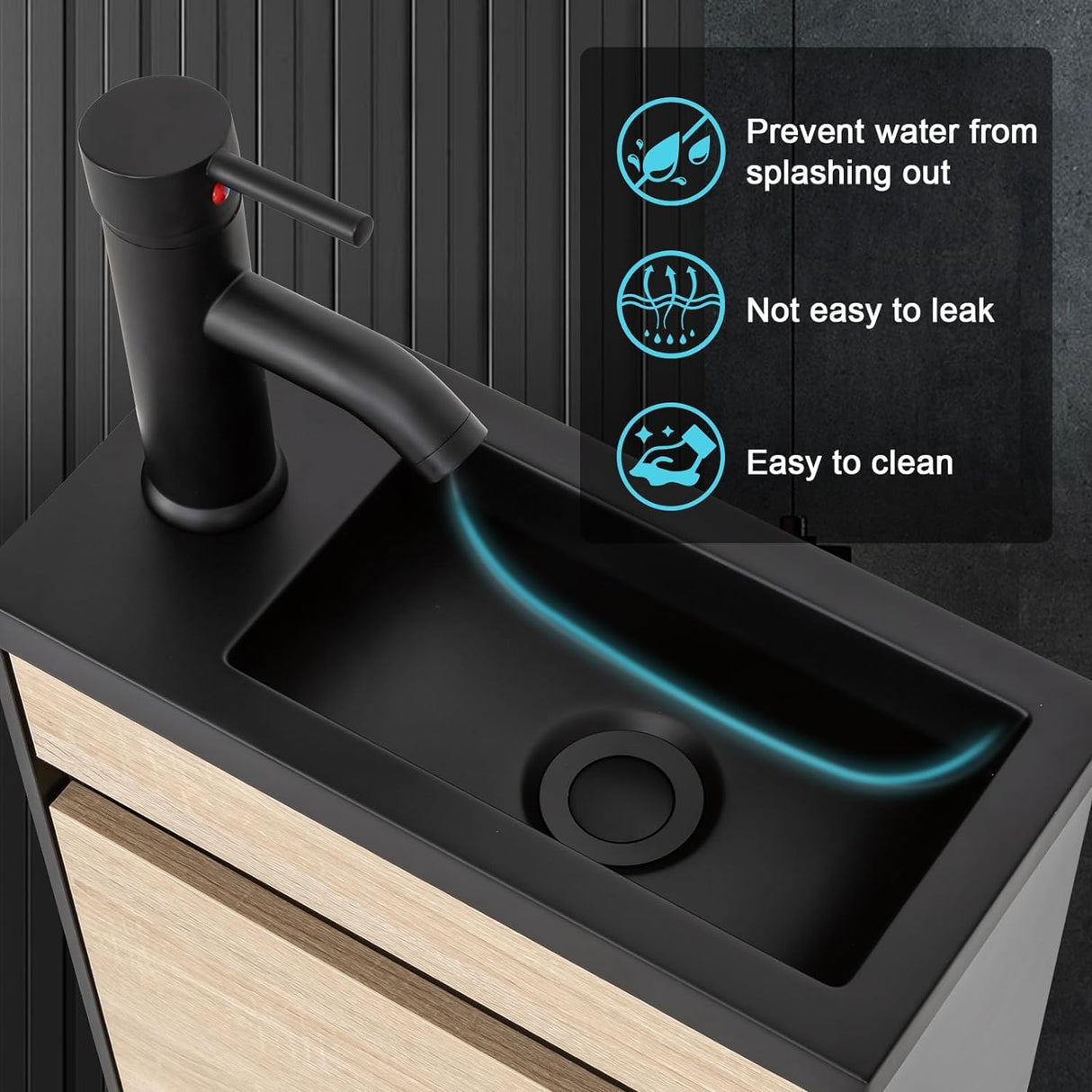 UEV 16" Small Bathroom Vanity Wall Mounted,Black and Natural Mixed Small Bathroom Vanity with Ceramic Sink,Bathroom Vanity and Sink Set with Frosted Black Faucet P-Trap (BN B10-New) UEV