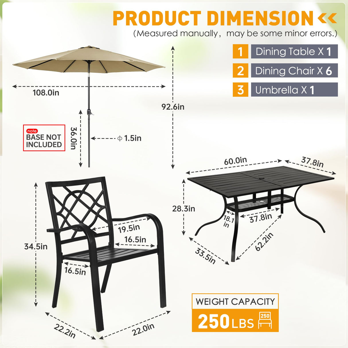 SUNCROWN 7-Piece Outdoor Wrought Iron Chairs and Table Patio Dining Furniture Set - 6 Stackable Metal Chairs, 1 Steel Slat Bistro Table and 1 Brown 9Ft Patio Umbrella for Garden Backyard Deck SUNCROWN