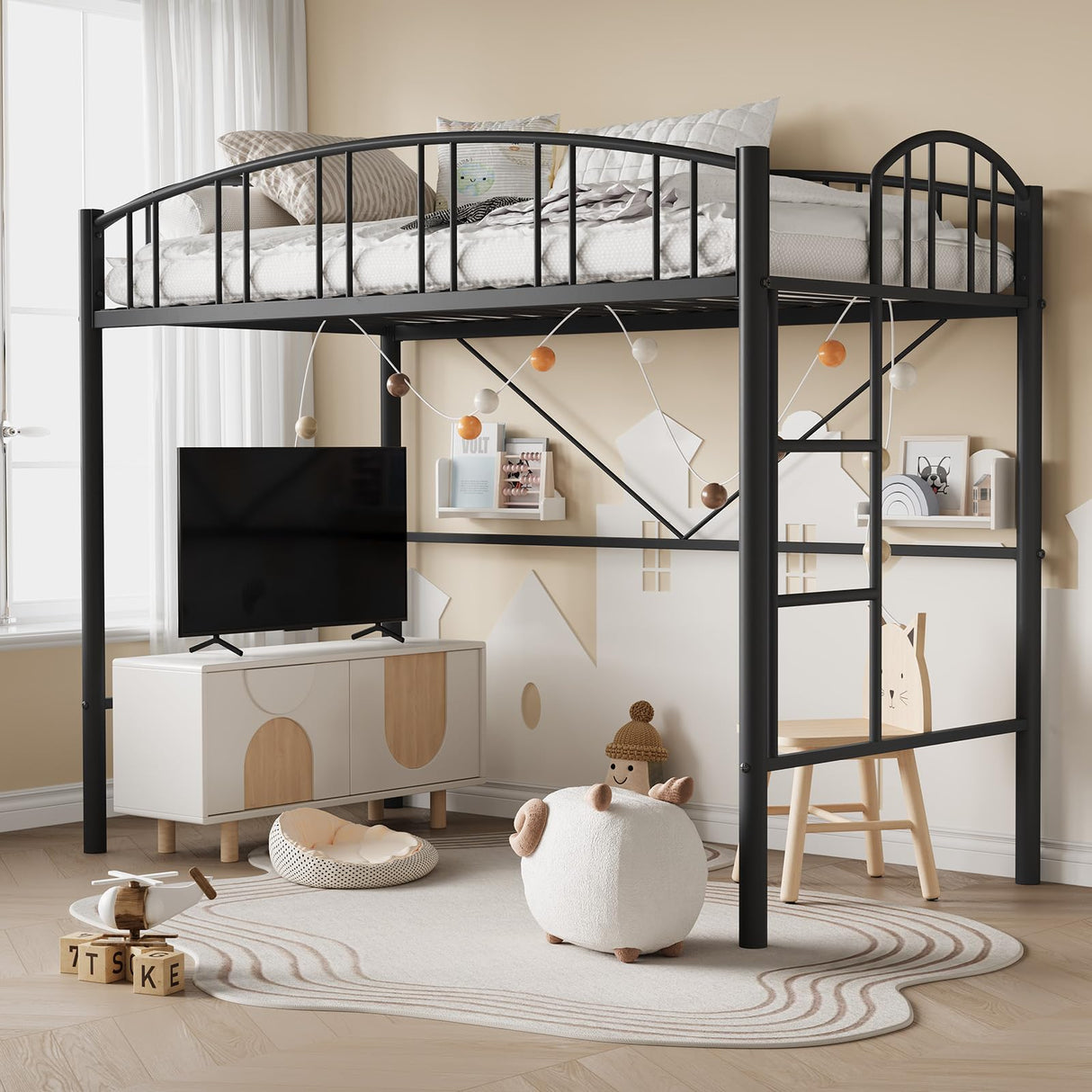 Garvee Loft Bed Twin Size with Ladde and Arched Guardrail, Heavy Duty Metal Loft Bed Frame for Kids and Adults, Sturdy Steel Slats Support, Small Space Saving Design, No Box Spring Needed, Black Garvee