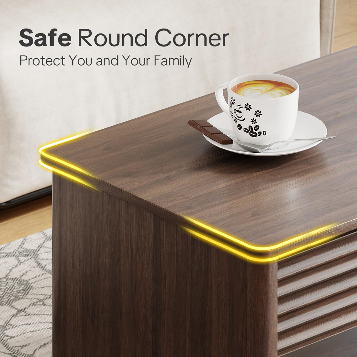 Fluted Lift Top Coffee Table for Living Room, Small Coffee Table with Storage Hydraulic Lift Large Capacity, Sturdy Legs Safe Round Corner, Easy Assembly for Small Spaces, Horizontal Grain-Brown RUMBALUXY