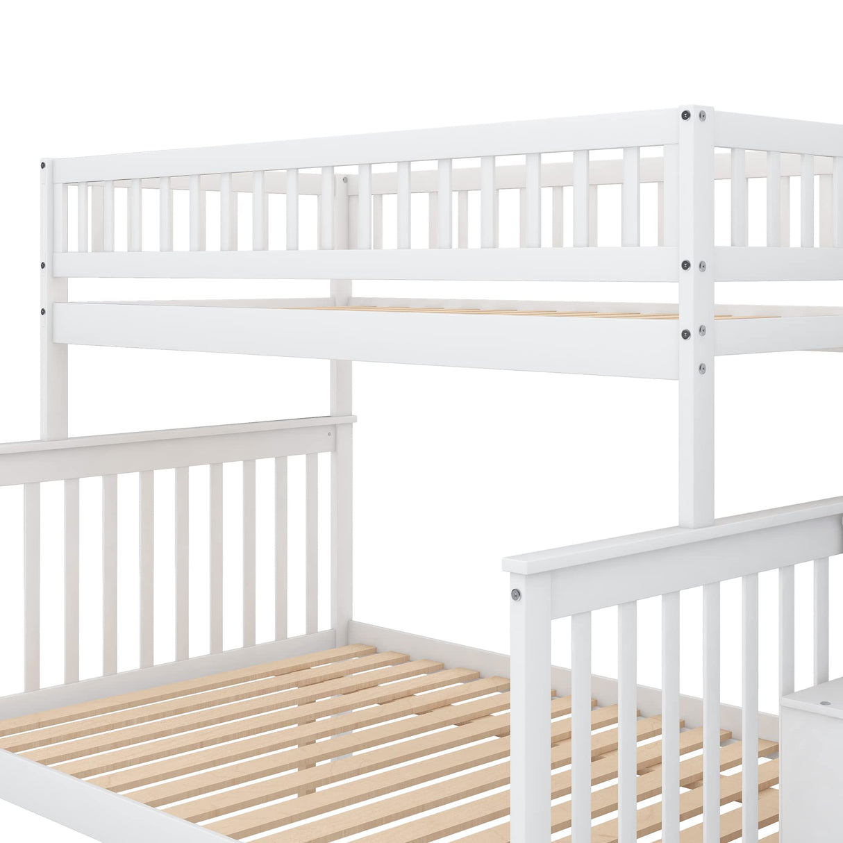 Merax Twin-Over-Full Bunk Bed with Trundle and Storage Staircase in White Merax