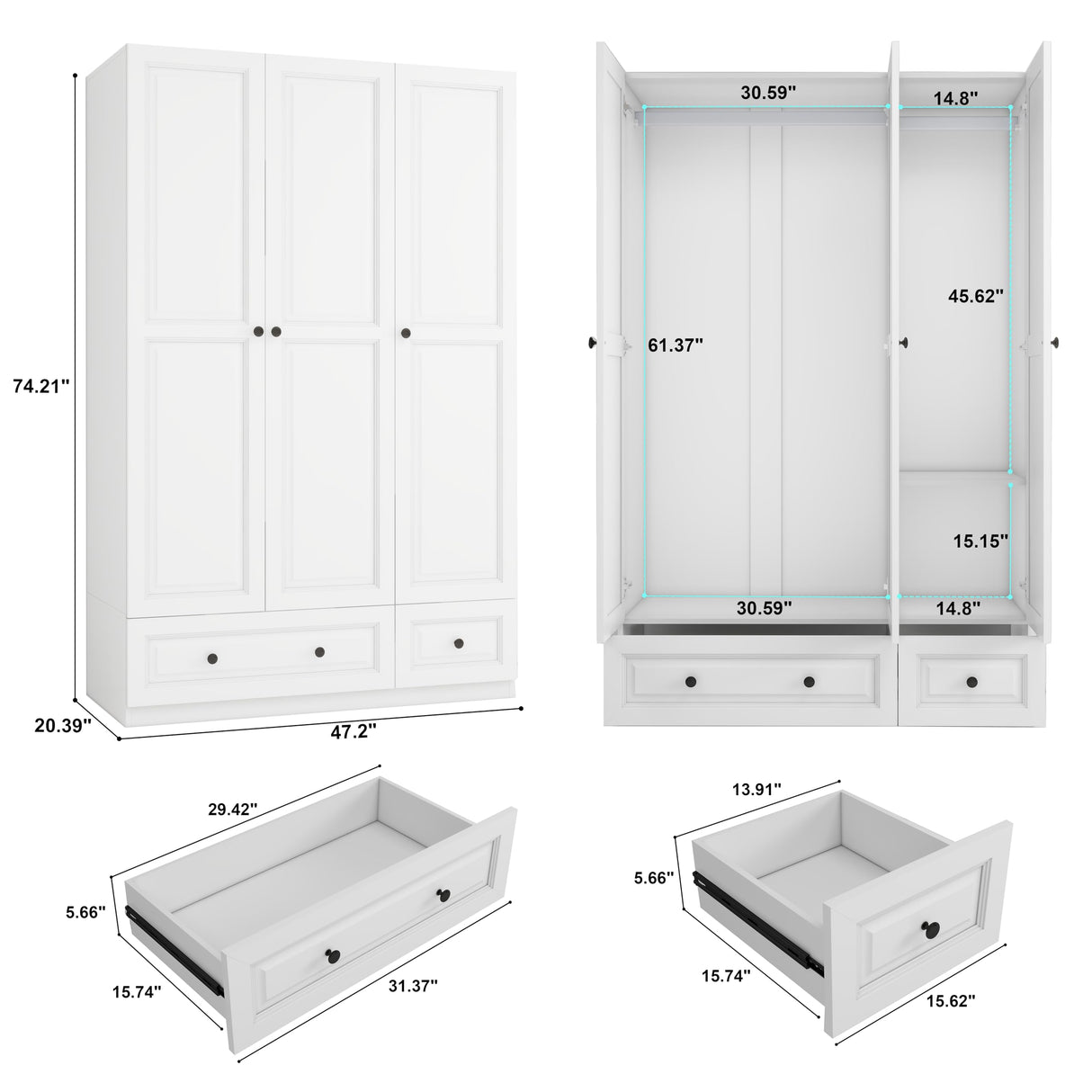 LABROSKIA White Wardrobe Closet with 3 Doors: 74" Bedroom Armoire Wardrobe Closet with 2 Drawers, Wooden Cabinet with Hanging Rod, Modern Armoire Closets with Shelves (White, 47") LABROSKIA