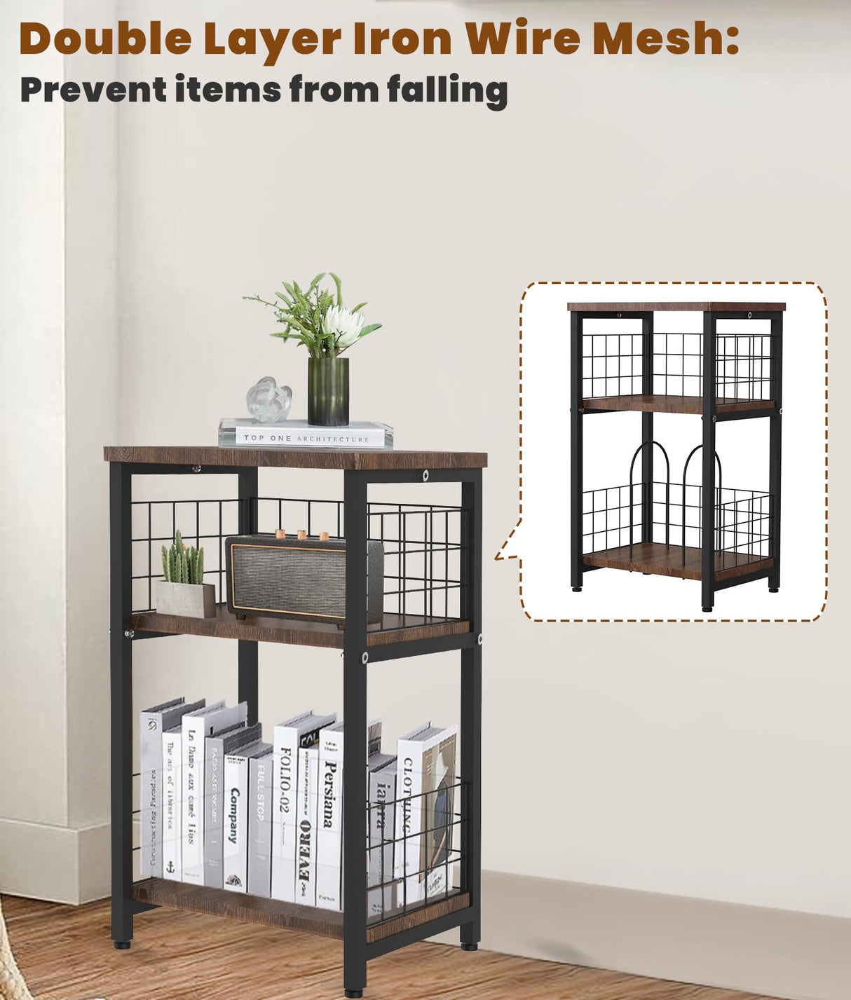 Tuohours Record Player Stand, 3 Tier End Table with Double Layer Iron Wire Mesh Turntable Stand Vinyl Record Table Storage Up to 100 Albums, Nightstand Small Side Table for Living Room Bedroom, Black Tuohours