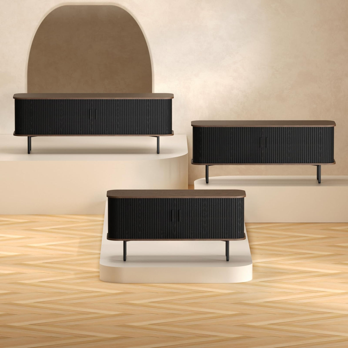 63" Modern Fluted TV Stand for TVs up to 75 Inch , Gaming Entertainment Center with Tambour Slatted Sliding Doors and Storage Cabinet, Media TV Consoles Table for Living Room, Office, Black FiveWillowise