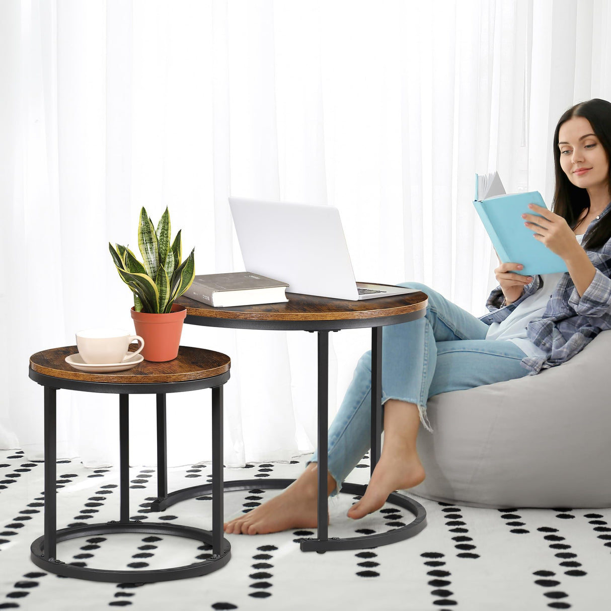 ZENY Nesting Coffee Table Set of 2, 23.6inch Round Coffee Table Wood Grain Top with Sturdy Metal Frame, Industrial End Table Side Tables for Living Room Bedroom Balcony Yard, Rustic Brown ZENY