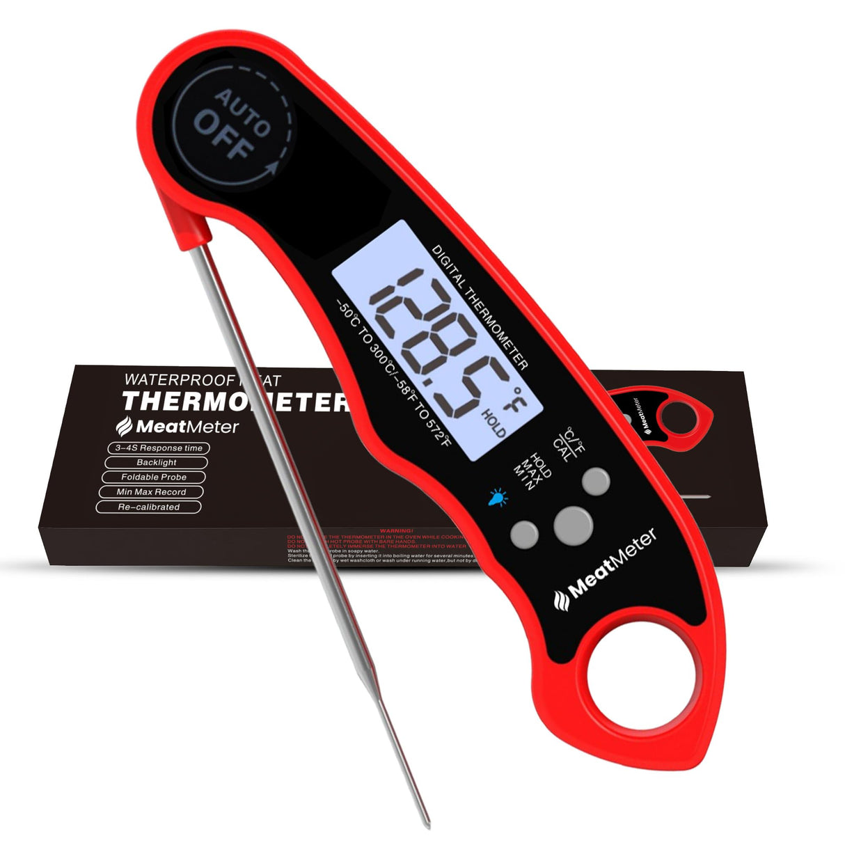 MeatMeter Digital Meat Thermometer for Grill/Cooking Fast Instant Read Waterproof Magnetic Probe Thermometer w/Backlight and Display for Kitchen, BBQ, Frying, etc. Chicken, Steak,or Burgers, Red MeatMeter