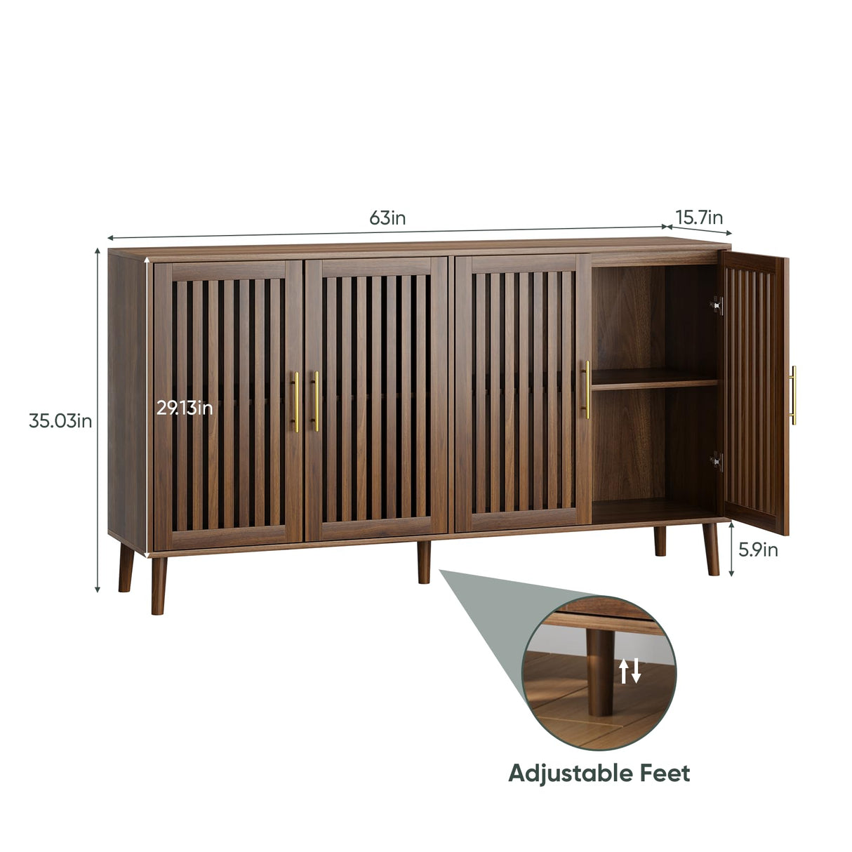 Smart FENDEE 63" Long Sideboard Buffet with 4 Louvered Doors, Farmhouse Buffet Storage Cabinet with Gold Handle, Coffee Bar Cabinet for Entryway, Kitchen, Dining Room, Living Room, Walnut Smart FENDEE
