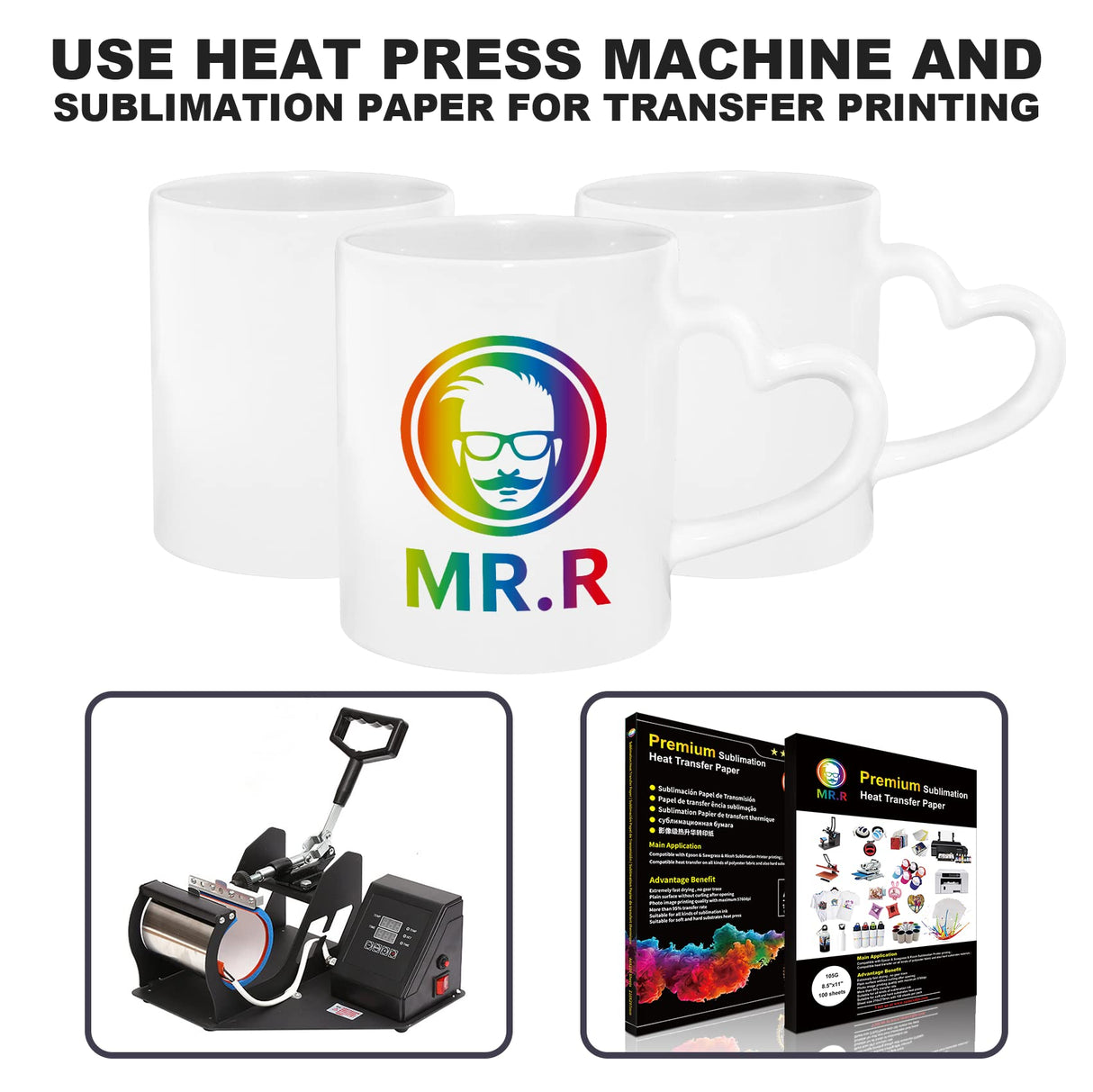 MR.R Sublimation Blanks Dishwasher White Ceramic Coffee Mugs 11oz Blank Ceramic Classic Drinking Cup Mug with Heart Handle For Milk Tea Cola Water, Set of 6… MR.R