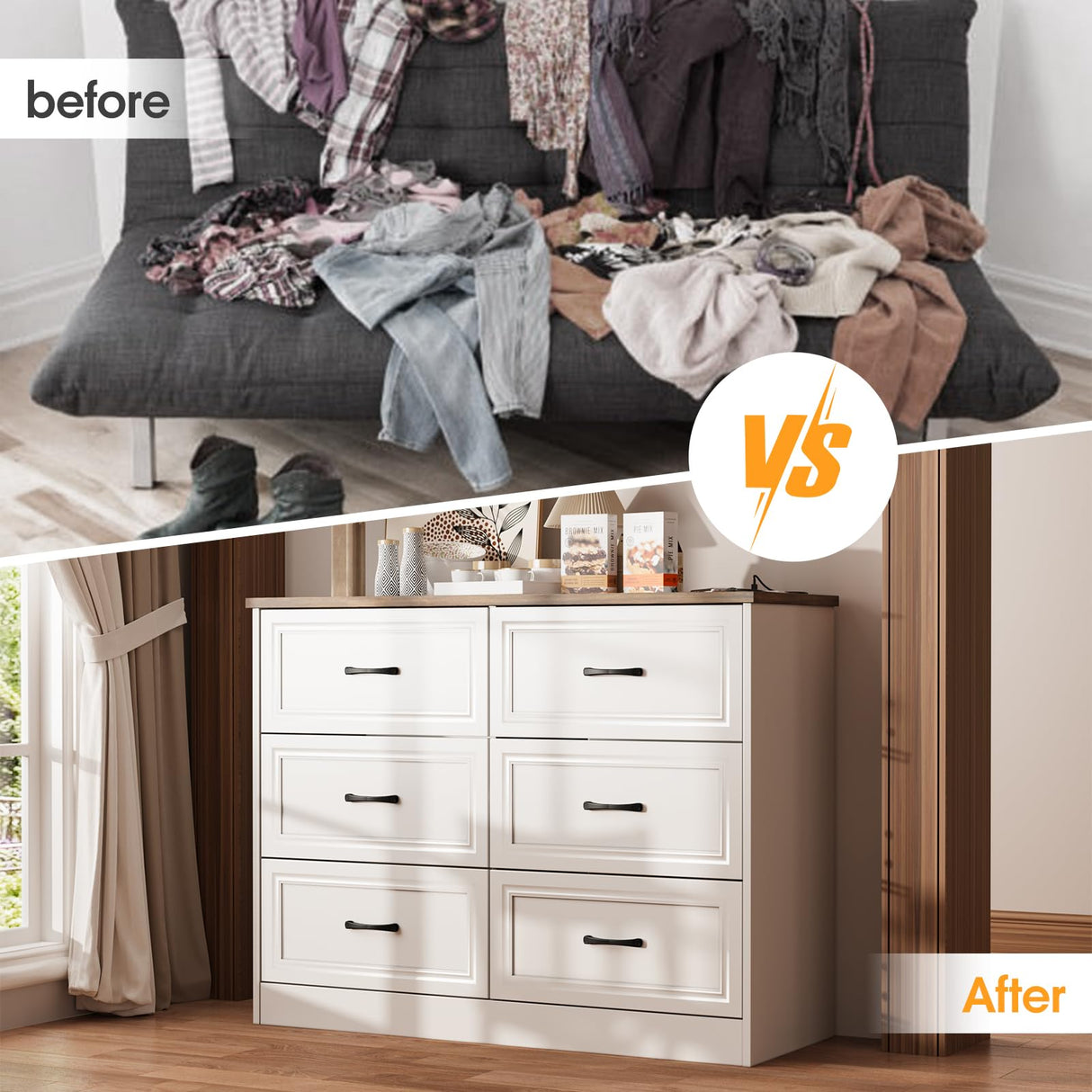 Fameill Dresser for Bedroom, 6 Drawer Wide Dresser Organizer with Charging Station, Tall Dresser for Hallway, Wood Dresser with Metal Handles, Farmhouse Fameill