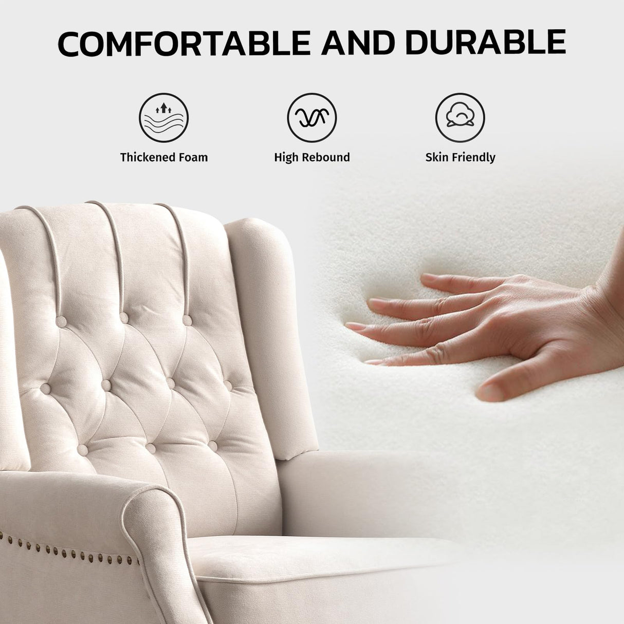 EBELLO 2 Pcs Pushback Recliner Chairs, Fabric Armchair Push Back Recliner with Rivet Decoration, Single Sofa Accent Chair for Living Room, Bedroom,Beige EBELLO