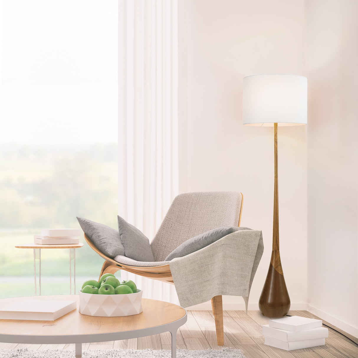Globe Electric Novogratz x 67225 65" Floor Lamp, 2-Tone Wood Toned Base, White Fabric Shade, Socket Rotary Switch, Living Room Décor, Reading Light, Home Essentials, Bedroom, Office Accessories Globe Electric