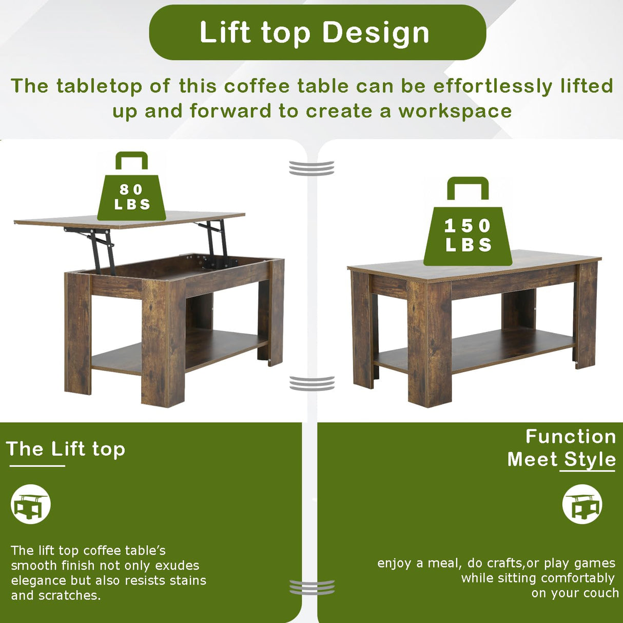 Ruesleag Coffee Table,Lift Top Coffee Table w/Hidden Compartment and Storage Shelf,Retro Wooden Lift Tabletop Dining Table Multifunctional Wooden Working Table for Home Office,39.4in L,Brown Ruesleag