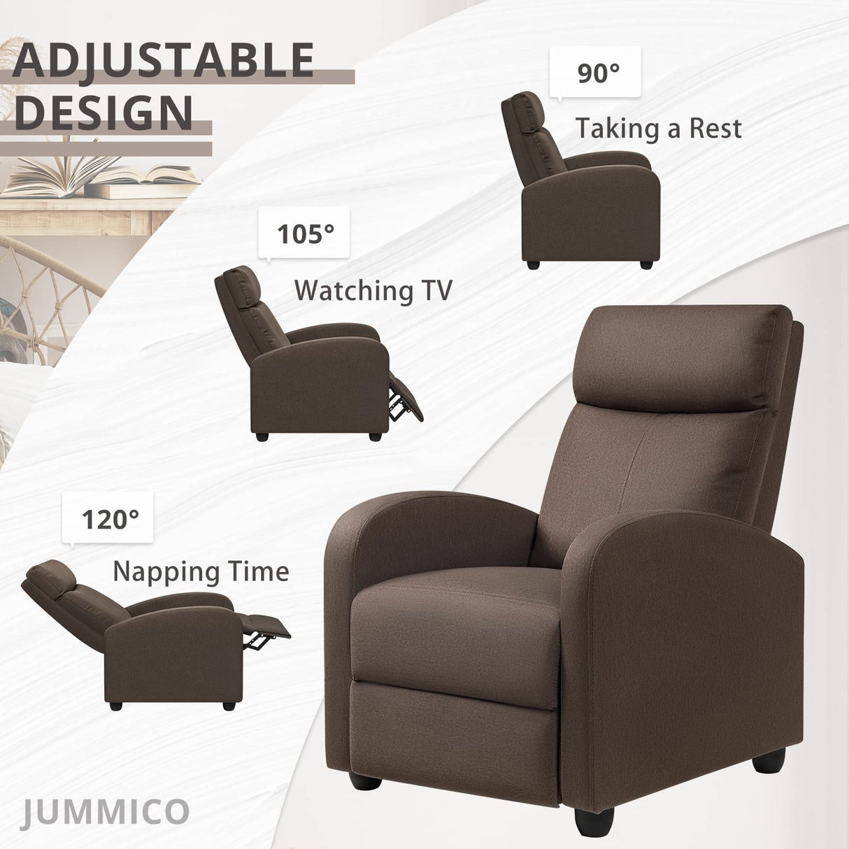 JUMMICO Recliner Chair Adjustable Home Theater Single Recliner Sofa Furniture with Thick Seat Cushion and Backrest Modern Living Room Recliners (Fabric, Brown) JUMMICO