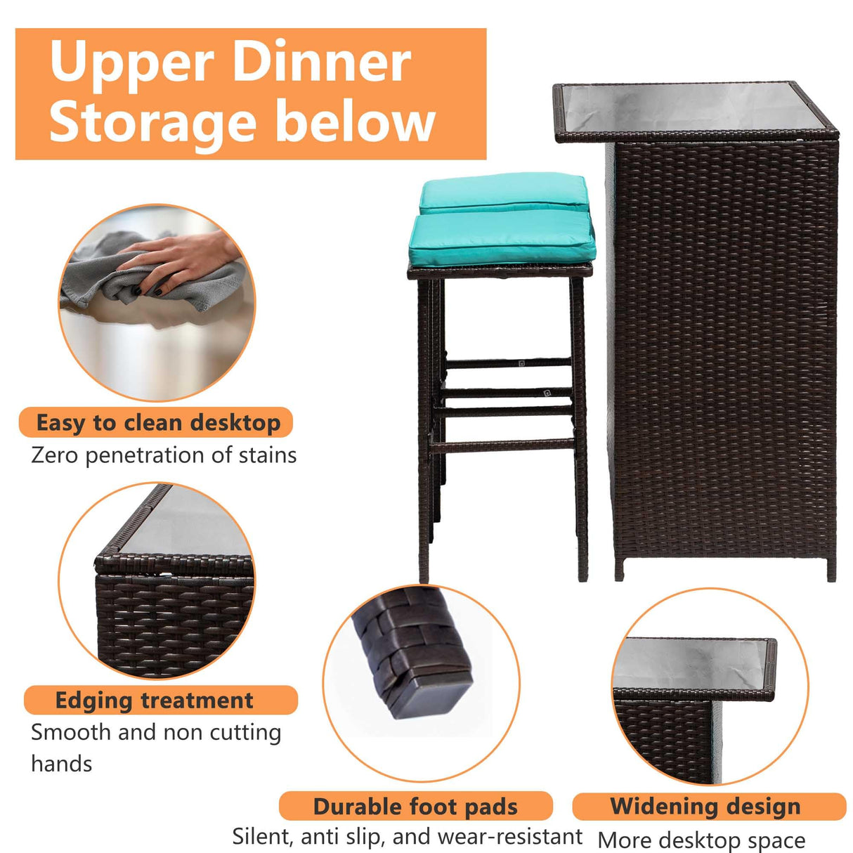 Set Of 3 Outdoor Bar Set Patio Wicker Counter Height Table Set Sturdy Frame Rattan Bar Table with Glass Table Top Storage Shelves 2 Bar Stools for Patio Poolside Porch Outdoor Indoor, Blue PayLessHere