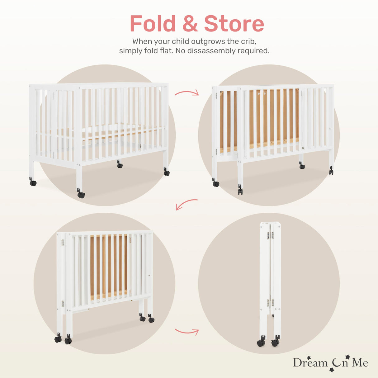 Dream On Me Quinn Full-Size Folding Crib In White, Removeable Wheels, Modern Nursey, Adjustable Mattress Support, Portable Crib, Patented Folding System Dream On Me