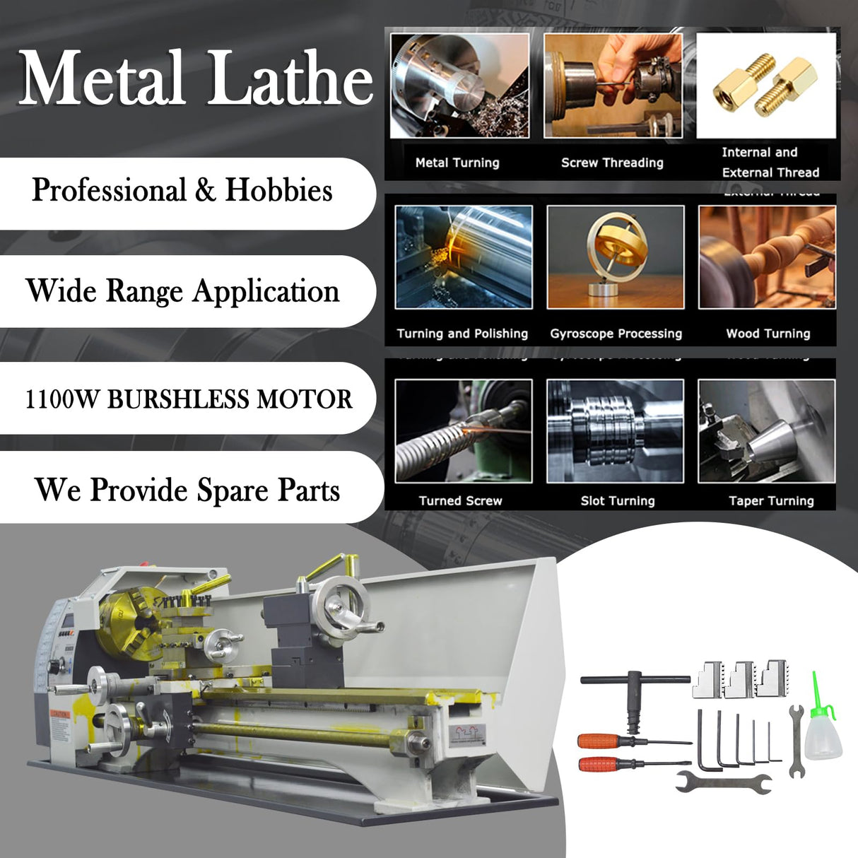 INTBUYING 8"x32" Benchtop Metal Lathe Machine 1100W Brushless Gearless Motor 50-2500RPM, Horizontal Design for Precision Metal/Wood Working Imperial/Metric Conversion, RC-210E 110V INTBUYING