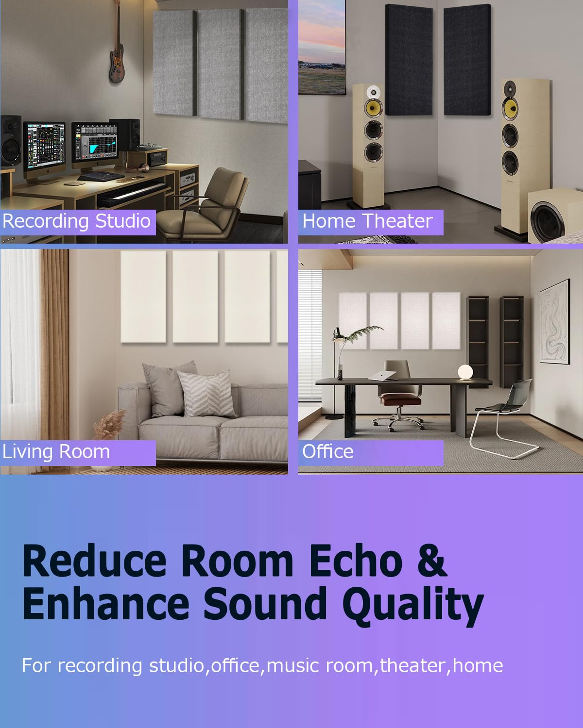 BUBOS 4 PCS Acoustic Panels,24''x12'' Fabric Soundproof Wall Panels,Self-adhesive Sound Absorbing Panels for Studios, Office, Home Theater (Dark Grey) BUBOS
