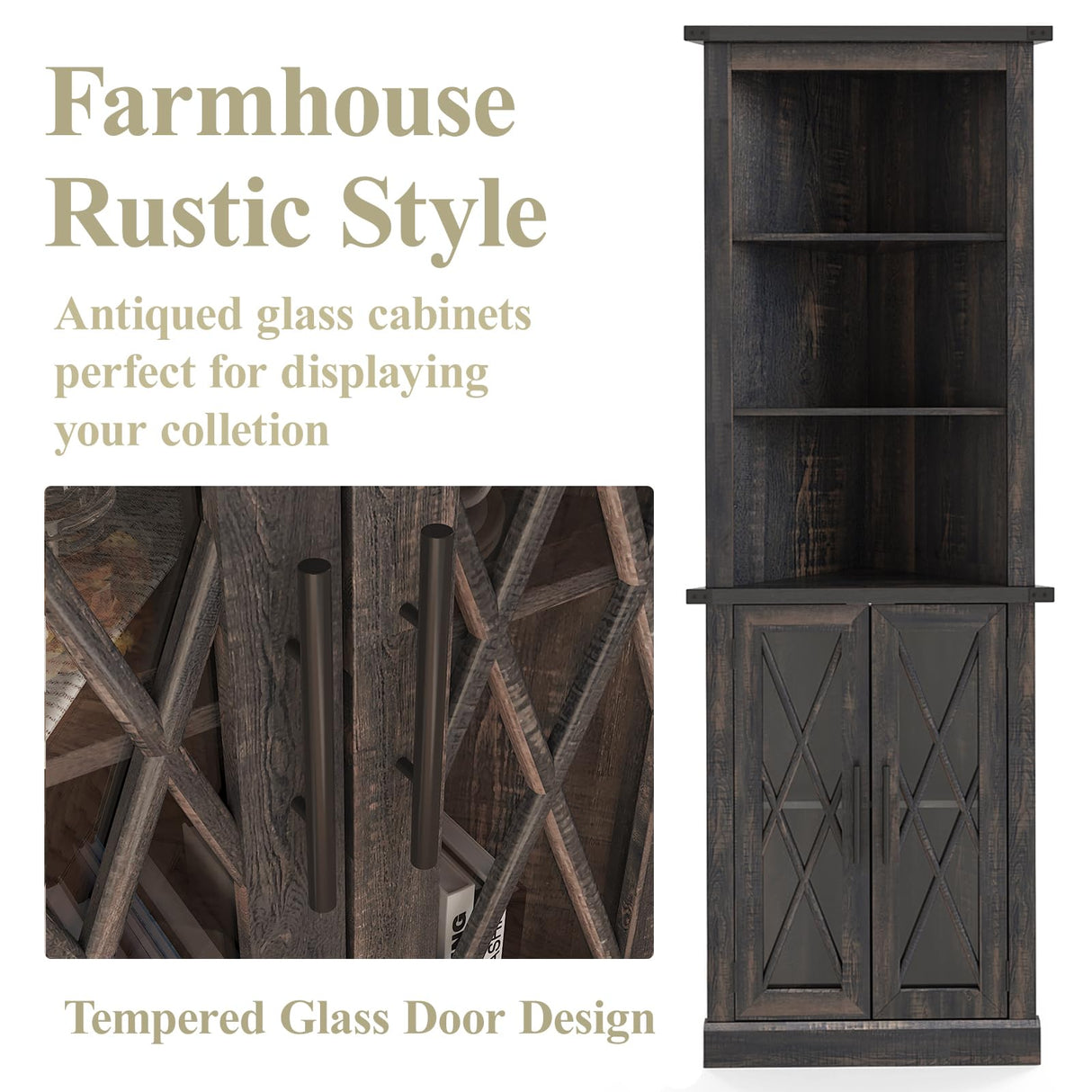 Maupvit 66.8" Tall Corner Cabinet, Modern Storage Cabinet with 2 Glass Doors & Adjustable Shelves, 5-Tier Corner Display Cabinets for Living Room, Bathroom, Dark Oak Maupvit