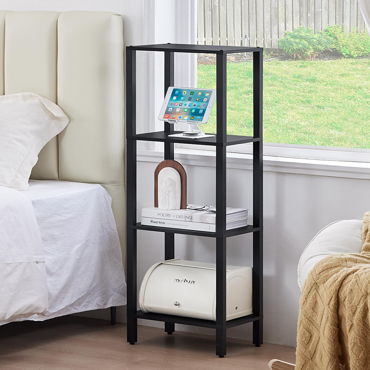 YUFAM 4 Tier Tall Wooden Bookshelf with Storage - Small Bookcase for Small Spaces, Shelf for Living Room, Office, Bedroom, Kitchen - Industrial Modern Black Book Shelf