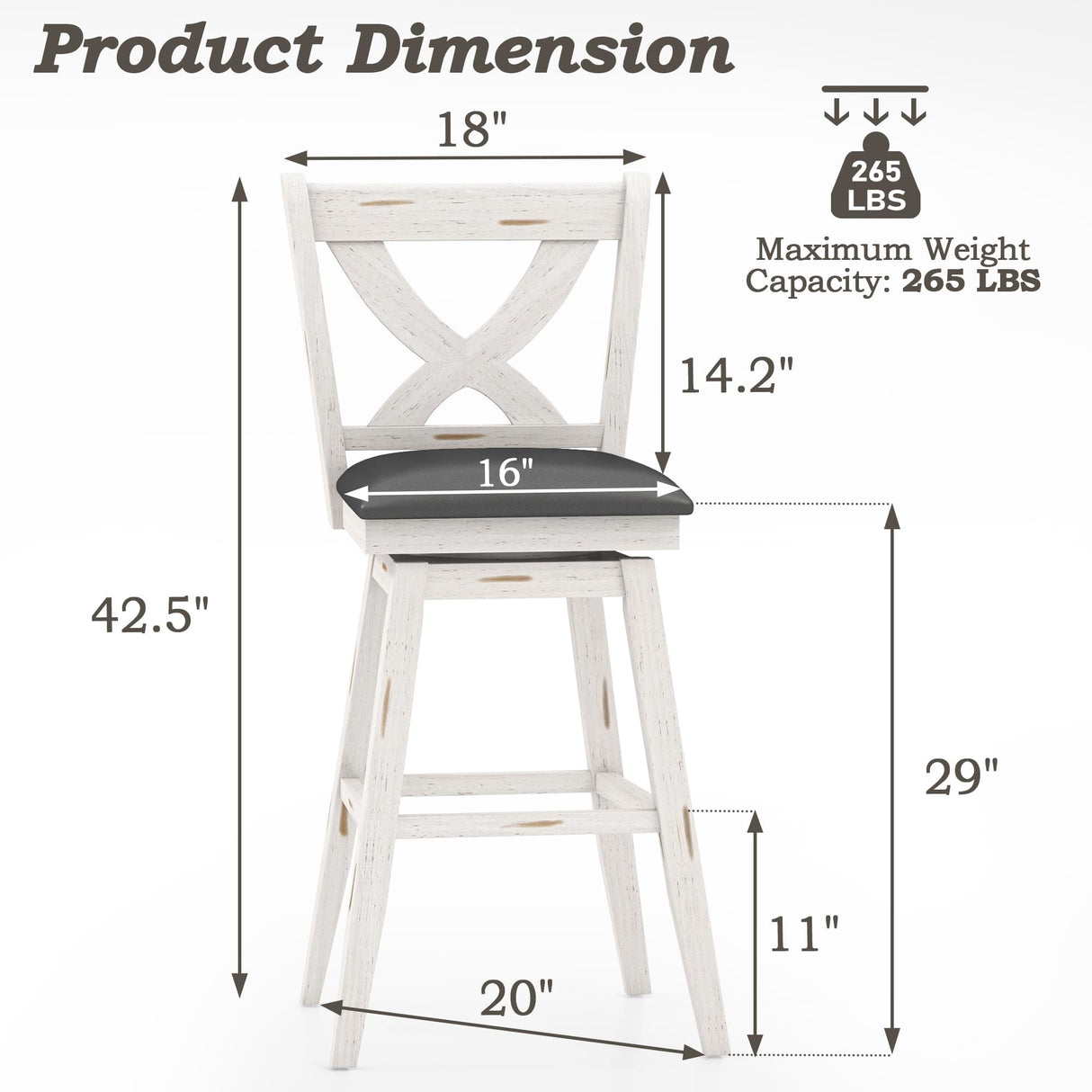MU 29 Inch Bar Height Swivel Stools, Kitchen Island Chairs with Back, Upholstery Bar Stool with Wood Footrest Legs, Counter Stools for Pub, Bar, Restaurant (Antique White and Grey, Set of 2) MU