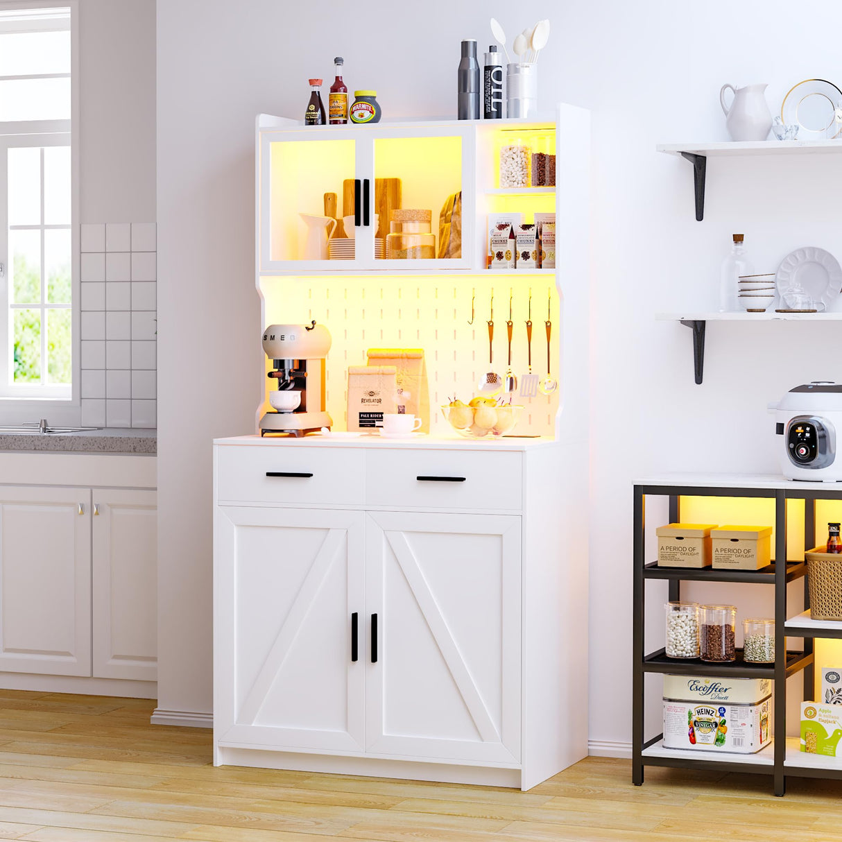 JDPAG LED Kitchen Pantry Cabinet with Outlets, Farmhouse Storage Cabinet with Drawers & Adjustable Shelves, Cupboard with Pegboard and Hooks for Dining Room (White), Large JDPAG