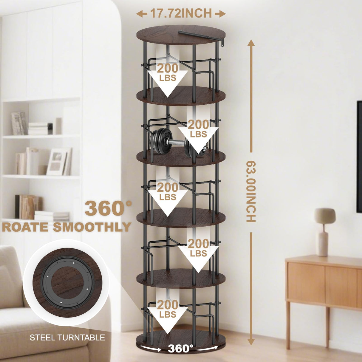 Amzeth Solid Wood Rotating Bookshelf, 5 Tiers, 360 Degree Rotating Bookshelf Tower, Round Floor Standing Rotating Bookcase with Anti-Tipping Design for Small Spaces, Corners, Bedrooms, Etc- Brown Amzeth