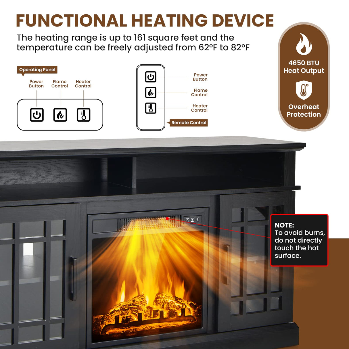 SIMOE Modern 48 Inch Electric Fireplace TV Stand, TV Console for TVs with 18 Inch Fireplace up to 55 Inch with 2 Open Shelves and Cabinets w/Doors, Remote Control, Black SIMOE